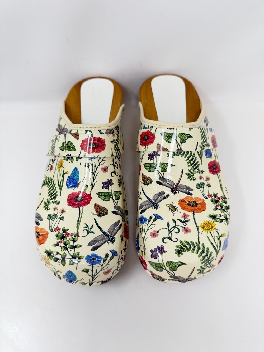 BJORK Dahlia Wood Open Back Leather Clogs Botanical Print Size 40, US 9-9.5